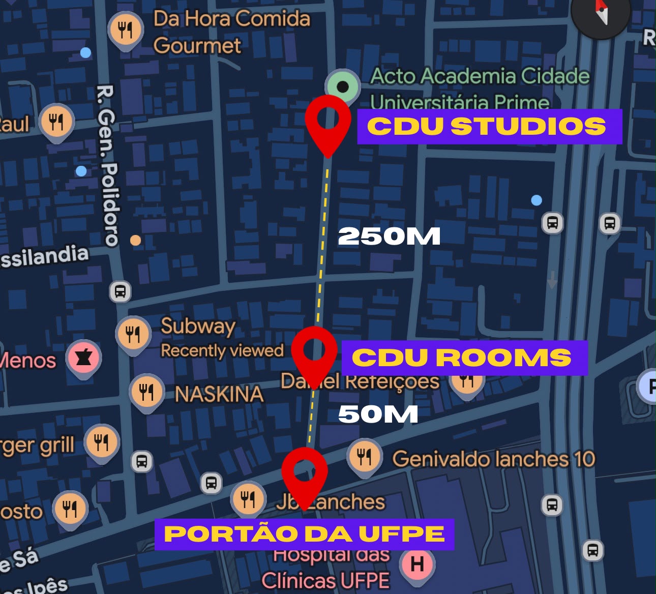 Mapa da Rua Professor Antônio Coelho: o portão da UFPE, o CDU Rooms a 50 metros dele e o CDU Studios a mais 250 metros, na mesma rua.